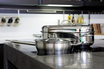New pan and pan close-up in a modern kitchen