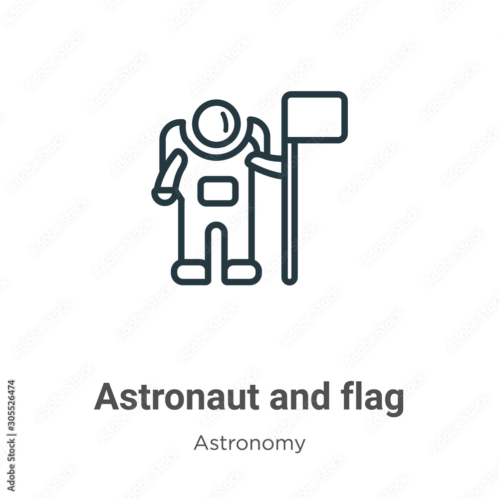 Poster astronaut and flag outline vector icon. thin line black astronaut and flag icon, flat vector simple 