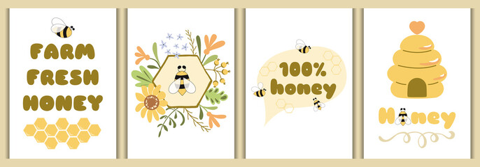Honey poster set Typography banners Honey bee cards design template Hive text bee flowers elements
