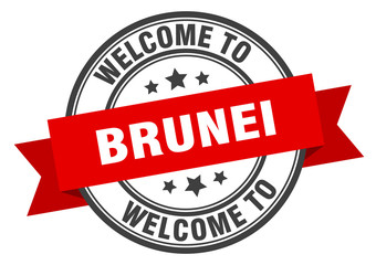 Brunei stamp. welcome to Brunei red sign