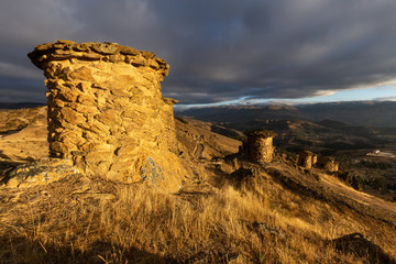 Funerary towers (old graves) in Ninamarka archaeological zone. Cusco, Peru.