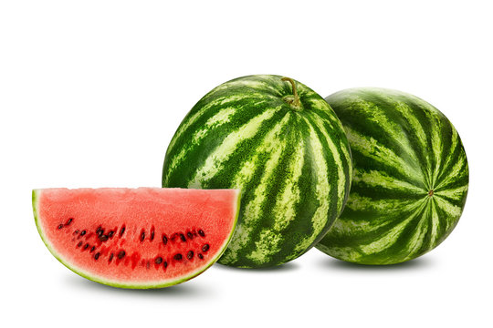 Two green, striped watermelons isolated on white with copy space for text, images. Cross-section. Berry with pink flesh, black seeds. Close-up.