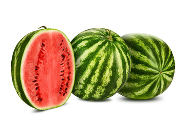 Two green, striped watermelons isolated on white with copy space for text, images. Cross-section. Berry with pink flesh, black seeds. Close-up.
