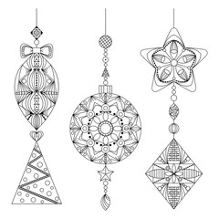 Pattern for coloring book. Christmas hand-drawn decorative elements in vector. Fancy Christmas toys. Pattern for coloring book. Black and white pattern.