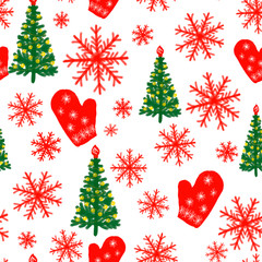 Watercolor seamless pattern of snowflakes, Christmas trees and mittens. New Year's design. Christmas. Design of fabric, textile, packaging, wrapping paper, covers, wallpaper.