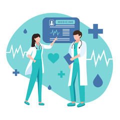 Doctors at work. Medical hospital staff people. Doctors in medic uniform vector illustration.