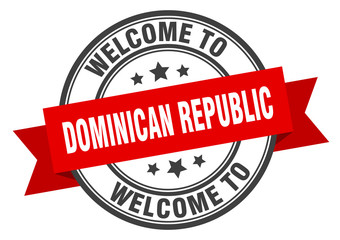 Dominican Republic stamp. welcome to Dominican Republic red sign