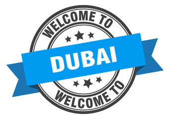 Dubai stamp. welcome to Dubai blue sign