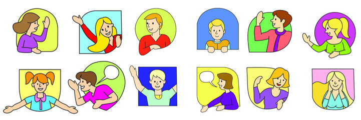set of people in the frames of the windows talking, characters in a flat design for print, website, postcard.