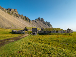  Panorama the viking village in Stokksnes, Iceland with Vestrahorn mountain in the background