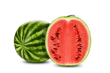 Green, striped watermelon with half isolated on white with copy space for text, images. Cross-section. Berry with pink flesh, black seeds. Close-up.