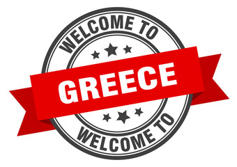 Greece stamp. welcome to Greece red sign