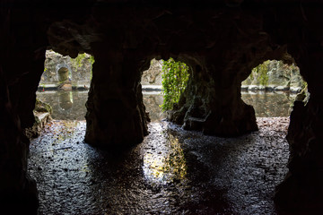 Pond and grotto in the Quinta da Regaleira Park, Sintra, Portugal