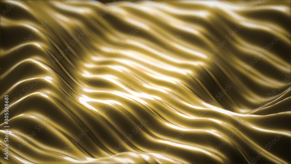 Poster deformed wavy golden background with depth of field effect - 3d rendering