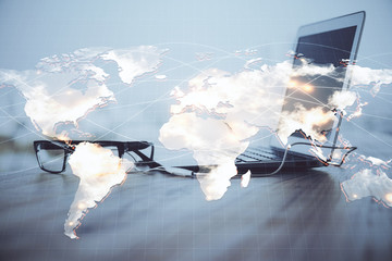 Multi exposure of business theme icons and table with computer background. Concept of success.