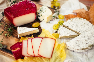 Top view of cheese set on wooden background