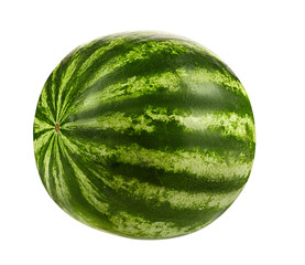 Green, striped watermelon isolated on white background with copy space for text or images. Side view. Close-up shot.