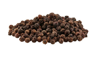 Black peppercorns isolated on white background with copy space for text or images. Spices and herbs. Packaging concept. Close-up, side view.