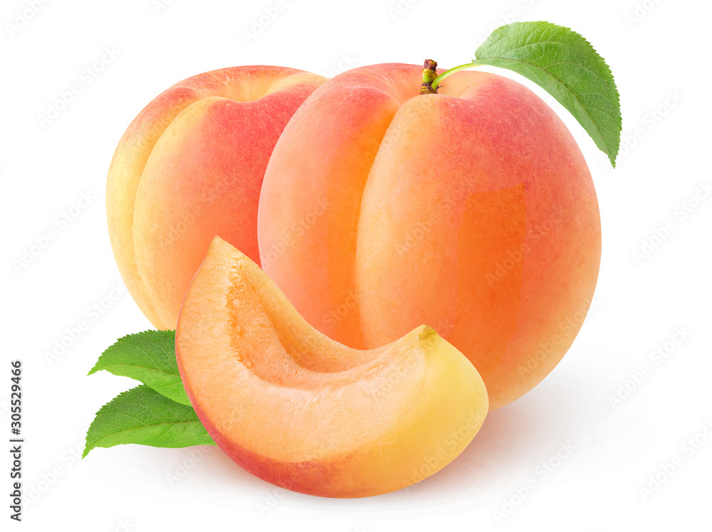 Poster isolated apricot fruits. two fresh apricots with leaves and a piece isolated on white background wit