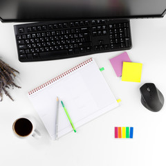 Office workplace table with supplies and coffee cup. Flat lay. Top view with space for your text