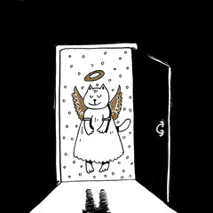 cat angel came to the house for christmas black and white graphics markers illustration for children and holidays