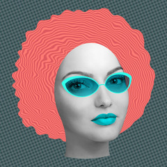 Contemporary art concept collage with face details and fashion girl head in a zine culture style. Beautiful face young woman with glasses .