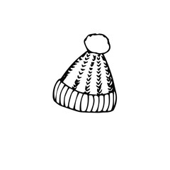 Knitted hat ink hand drawn sketch, winter holiday design element black outline icon on white