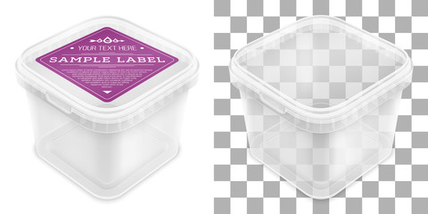 Vector transparent square empty plastic bucket with label. Top view from the corner. - 305530220
