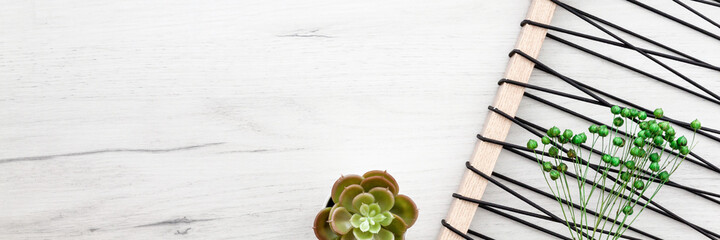 White empty wooden desk seen from above. Copy space for text. Green succulents and cacti with a wooden frame.Panoramic photo