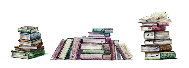 Book volumes and scrolls. Stack of books, watercolor and ink drawing. Set of elements for design. Old books.