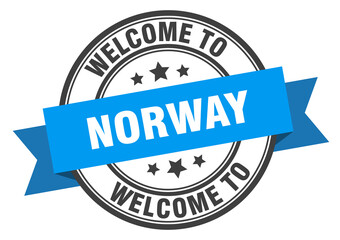 Norway stamp. welcome to Norway blue sign