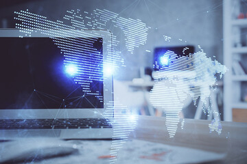 Computer on desktop with social network theme icon. Multi exposure. Concept of international...