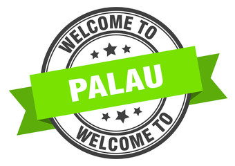 Palau stamp. welcome to Palau green sign