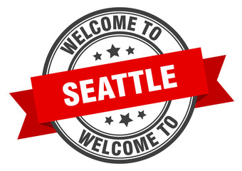 Seattle stamp. welcome to Seattle red sign