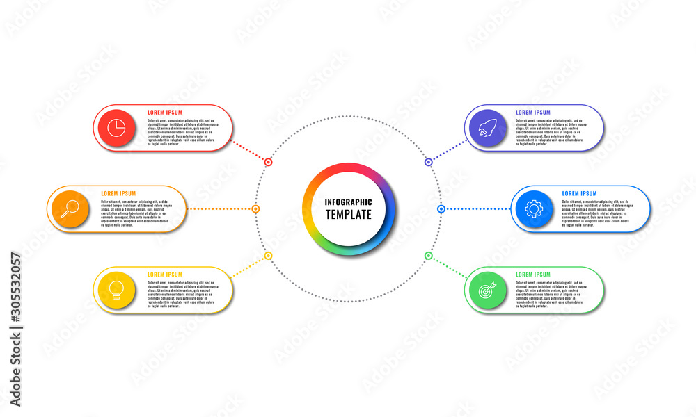 Aufkleber infographic template with six round elements on white background. modern business process visualisat