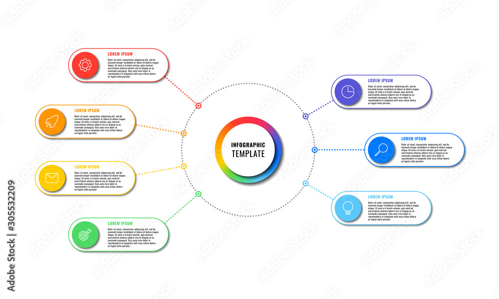Aufkleber infographic template with seven round elements on white background. modern business process visualis