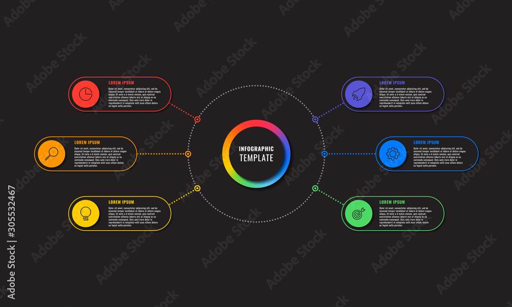 Aufkleber infographic template with six round elements on black background. modern business process visualisat
