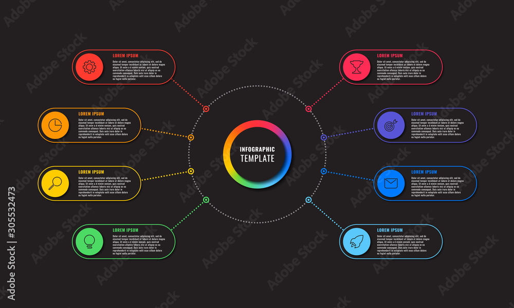 Aufkleber infographic template with eight round elements on black background. modern business process visualis