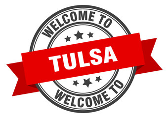 Tulsa stamp. welcome to Tulsa red sign