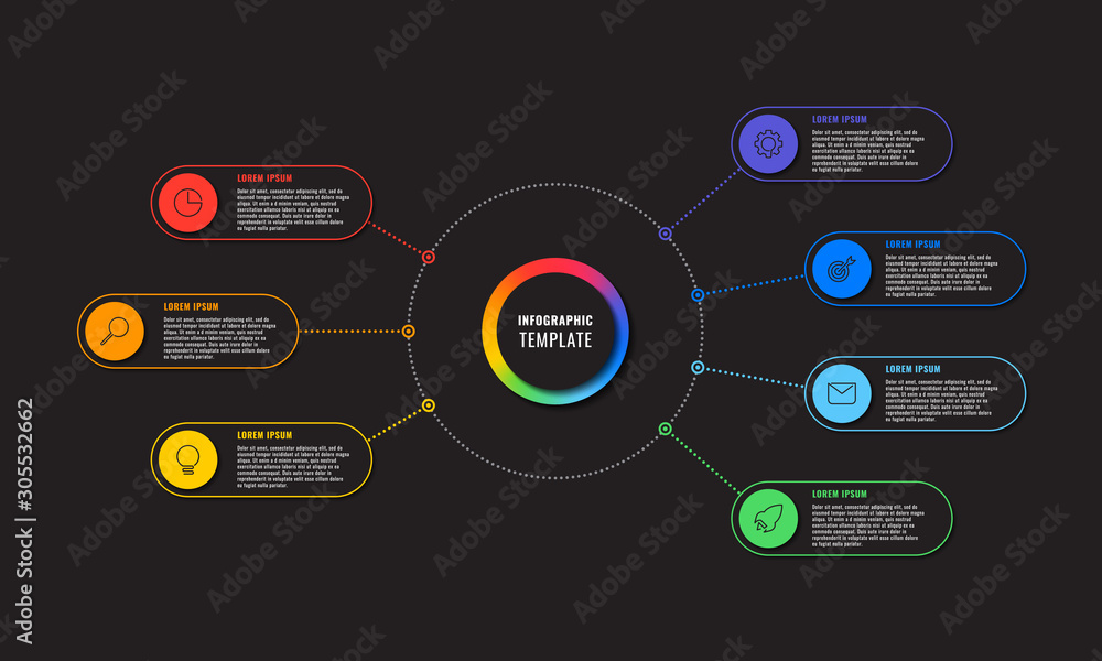 Poster infographic template with seven round elements on black background. modern business process visualis