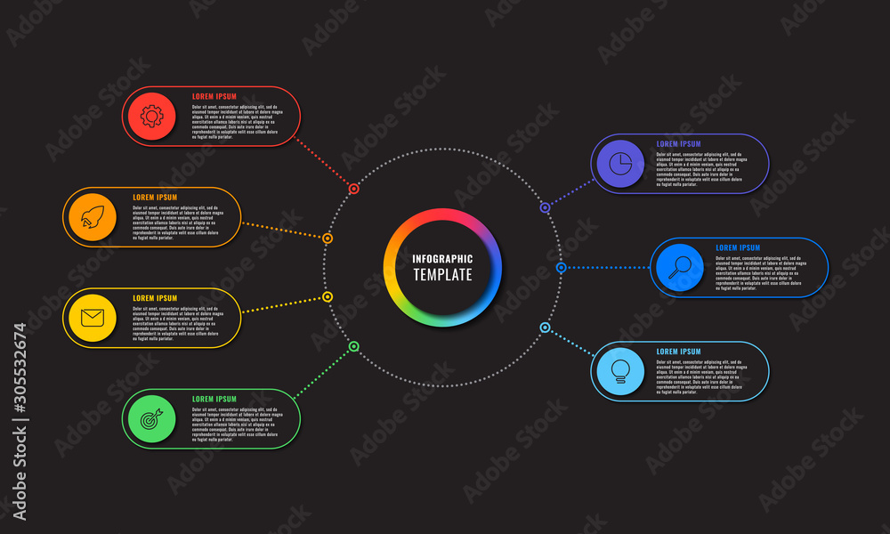 Aufkleber infographic template with seven round elements on black background. modern business process visualis