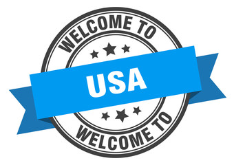 usa stamp. welcome to usa blue sign
