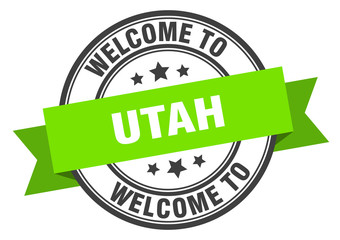 Utah stamp. welcome to Utah green sign