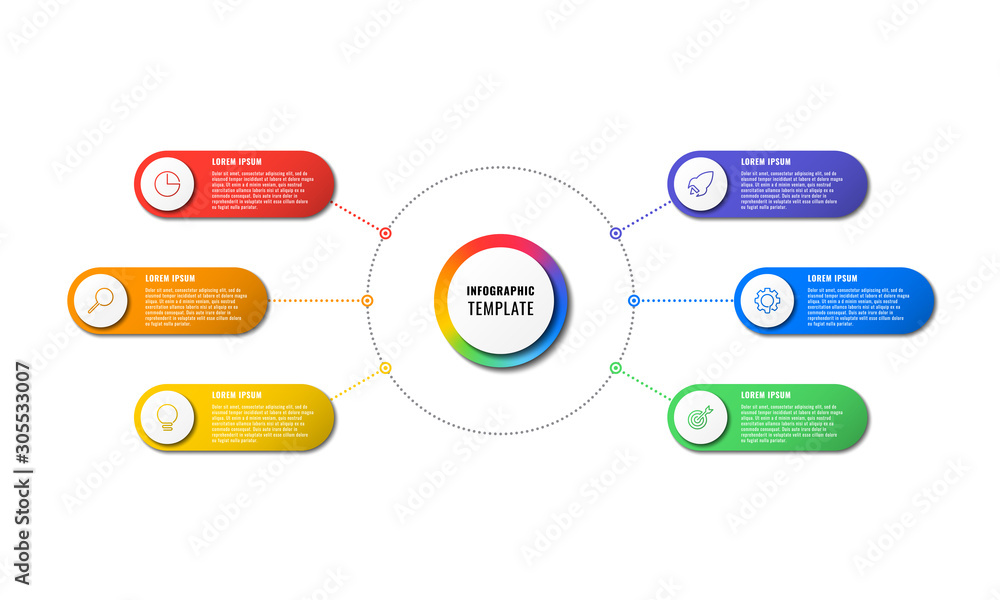 Aufkleber infographic template with six round elements on white background. modern business process visualisat