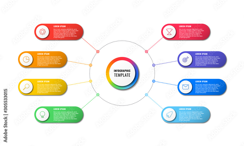 Aufkleber infographic template with eight round elements on white background. modern business process visualis