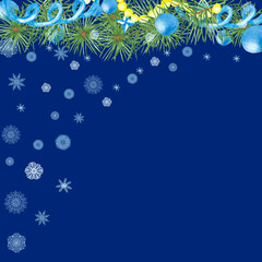 Fototapeta na wymiar Watercolor hand painted winter holiday celebration composition with green fir branches, blue ball toys and yellow garlands, white snowflakes on the dark blue background with the space for text