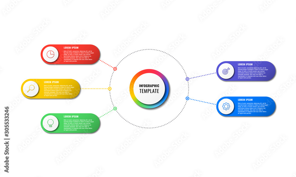 Aufkleber infographic template with five round elements on white background. modern business process visualisa
