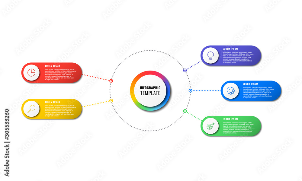 Aufkleber infographic template with five round elements on white background. modern business process visualisa