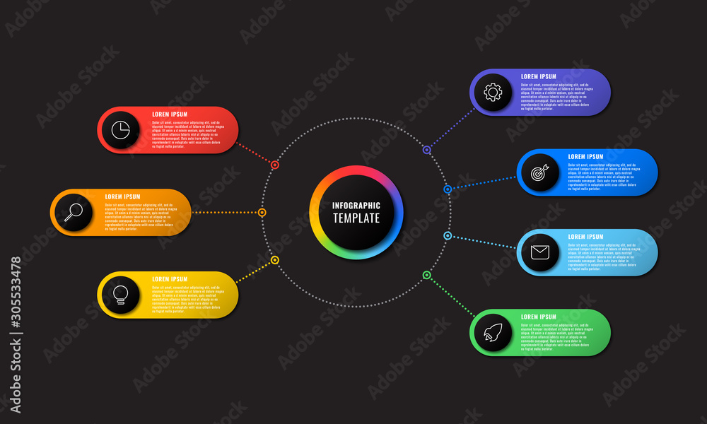 Aufkleber infographic template with seven round elements on black background. modern business process visualis