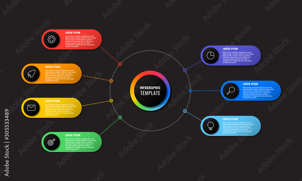 Aufkleber infographic template with seven round elements on black background. modern business process visualis